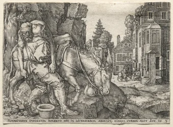 Liknelsen om den barmhärtige samariten: Den barmhärtige samariten sätter resenären på sin åsna, 1554.