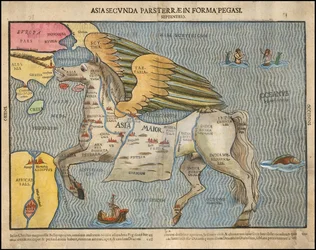 Ca. 1581 bildkarta av Heinrich Bünting, föreställande Asien som Pegasus