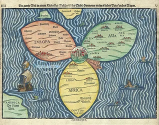 De tre kontinenterna med Jerusalem i världens centrum par Heinrich Buntig (Buentig)(1545-1606)