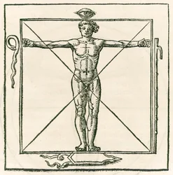 Man på en fyrkant omgiven av symboler för ögat, orm, sjusektionsstav och sköld. Gravyr från Heinrich Cornelius Agrippa von Nettesheim (1486-1535) De occulta philosophia libri tres (Three B