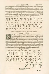 Thebanska alfabetet (Honorius alfabet eller Honorius runor) och himmelska alfabetet (Scriptura Malachim eller änglaskrift), gravyr ur Heinrich Cornelius Agrippa von Nettesheims (1486-1535) De occul