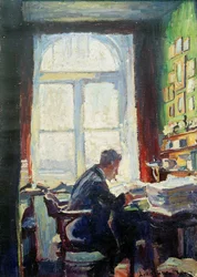 Poeten Caesar Flaischlen vid skrivbordet, 1912.