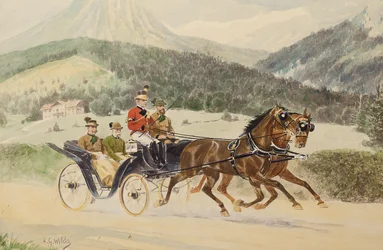 Kejsar Franz Joseph I av Österrike och ärkehertig Franz Ferdinand i en vagn, 1900-1910-tal.