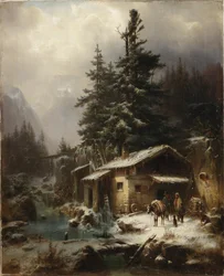Vinterlandskap med figurer som vilar nära en vattenkvarn, 1866