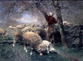 En herdinna och får i ett landskap;