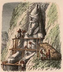 Forntida Egypten: Snideri en staty av Abu Simbel-templet, 1866