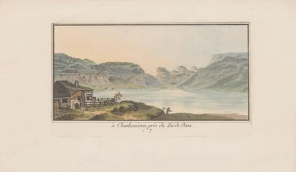 Utsikt över Les Charbonnières på Lac de Joux i Charbonieres, nära Lac de Joux (titel på objekt) Landskap i Schweiz (serietitel) Samling av några perspektiv i Schweiz (serietitel)