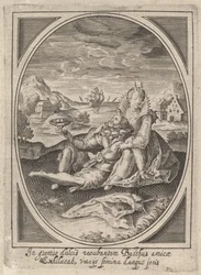 Ett par satt på marken, mannen håller i en bägare och lutar sig mot..., ca. 1585-1621.