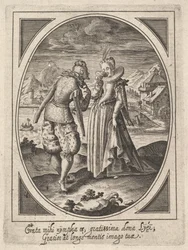En man kliver mot en kvinna som håller en bägare mot munnen, en vattenkvarn och berg..., ca. 1585-1621.