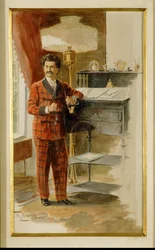 Johann Strauss son vid sitt höga skrivbord i sitt arbetsrum ... (akvarell)