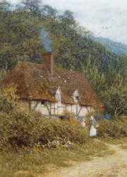 Stuga nära Witley, Surrey (akvarell med utskrapa på papper)