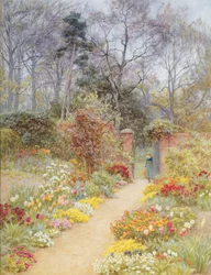 Muromgärdad trädgård på våren