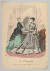 Två kvinnor med en spegel, nr 868, från La Elegancia San Sebastian, 1800-talet.