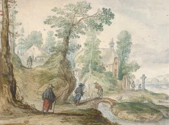Ett skogsbevuxet flodlandskap med en kyrka och figurer, ca. 1613.