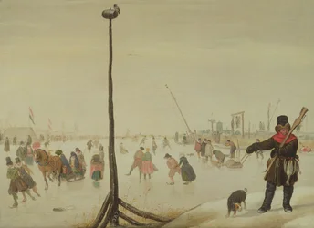 En andjägare och hans hund i ett vinterlandskap (panel)