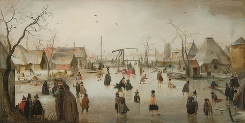 Skridskoåkning i en stad. Omkring 1610