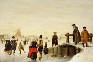 Figurer på skridskor i ett holländskt landskap