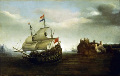 En holländsk båt seglar nära ett slott, nära en klippig kust. Olja på trä