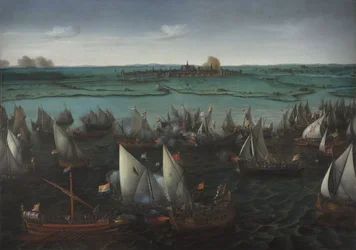 Slaget mellan holländska och spanska fartyg på Haarlemmermeer, ca 1629 (olja på duk)