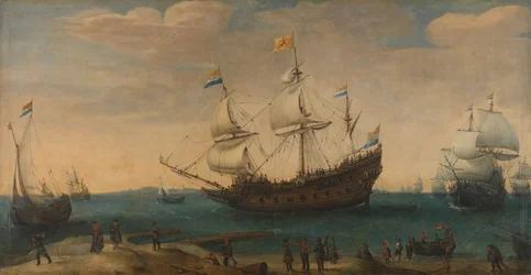 Ostindiefarare utanför en kust, ca 1600-30 (olja på duk)