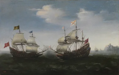 Sjöstrid mot en stenig strand, 1627
