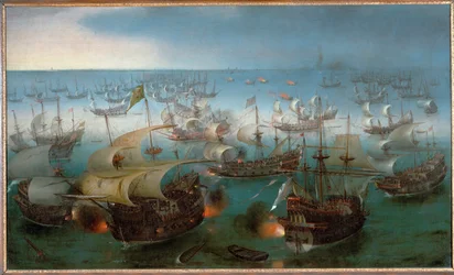 Sjöslag mellan den spanska armadan och engelska flottan (olja på duk)