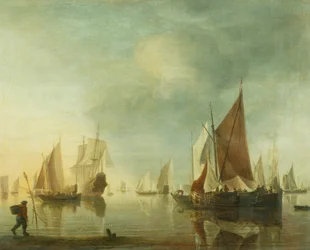 Sjöfart för ankar offshore i ett lugnt hav; kvällsljus, ca 1650-60 (olja på panel)