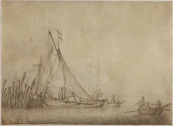 Fartyg vid en fiskdamm med en stad i bakgrunden