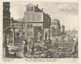 Stadsbild med tillbedjan av herdarna