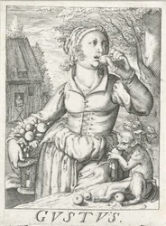 Smak (Gustus), en kvinna med frukt Gustus (titel på objekt) De fem sinnena (serietitel)