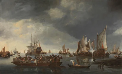Hamn med segelbåtar och färja