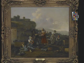 En grönsaksmarknad i Italien med figurer (olja på duk)