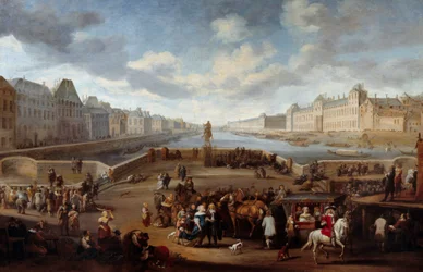 Utsikt över Paris med Louvren, tagen från Henri IV-bron (Actuel Pont Neuf). Målning av Hendricks Mommers (1623-1693)