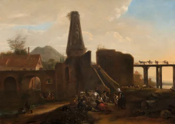 Resenärer i vila vid sidan av klassiska ruiner, 1663 olja på duk