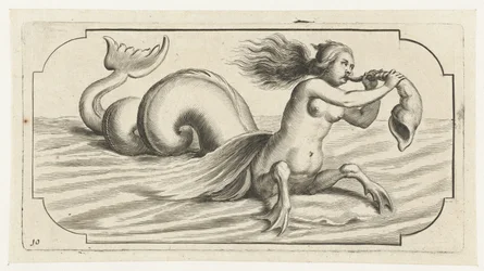 En kvinnlig figur blåser på ett skal Nouveau Livre des Dieux et Deeßes De la Marine Bouckje of Sea Gods and Goddesses (serietitel)