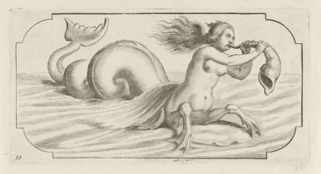 Kvinnlig figur blåser på ett skal Nouveau Livre des Dieux et Deeßes De la Marine Bouckje of Sea Gods and Goddesses (serietitel)