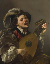 Holländska: Zingende lute spelen man En man som spelar luta