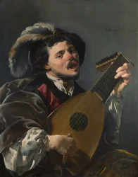 Holländska: Zingende lute spelen man En man som spelar luta