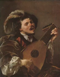 Holländska: Zingende lute spelen man En man som spelar luta