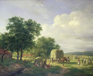 Skogbevuxen landskap med hömakare, 1822