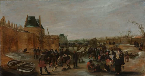 Lekande på en frusen kanal i en stad, ca 1615-1620 (olja på pannå)