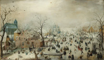 Vinterlandskap med skridskoåkare. c.1608 (olja på panel)
