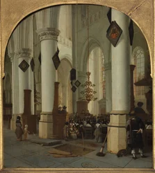 Utsikt inuti Saint Bavo-kyrkan i Haarlem under mässan, 1666