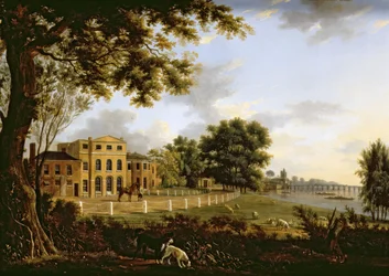 Utsikt över Chelsea Farm med Themsen och Battersea Bridge, 1790