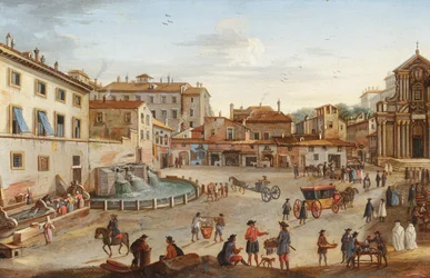 Rom, vy över Palazzo Barberini med många figurer (olja på koppar)