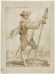 Stående officer som håller ett galtspjut, 1586.