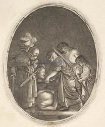 Salome tar emot Johannes Döparens huvud, omgiven av tre män och ett barn..., ca. 1610.