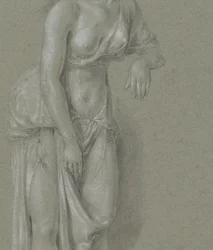 Figurstudie av en kvinna i klassisk mantel, stående tre fjärdedelar till höger