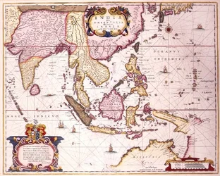 Allmän karta som sträcker sig från Indien till södra Japan och norra Australien via den indonesiska skärgården och Filippinerna, ca 1700 (färgad gravyr)