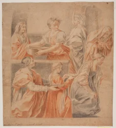 Studie efter Guido Renis freske i Chapel of the Annunciation, Palazzo Quirinale, Rom (Marias fødsel, vänster sida)